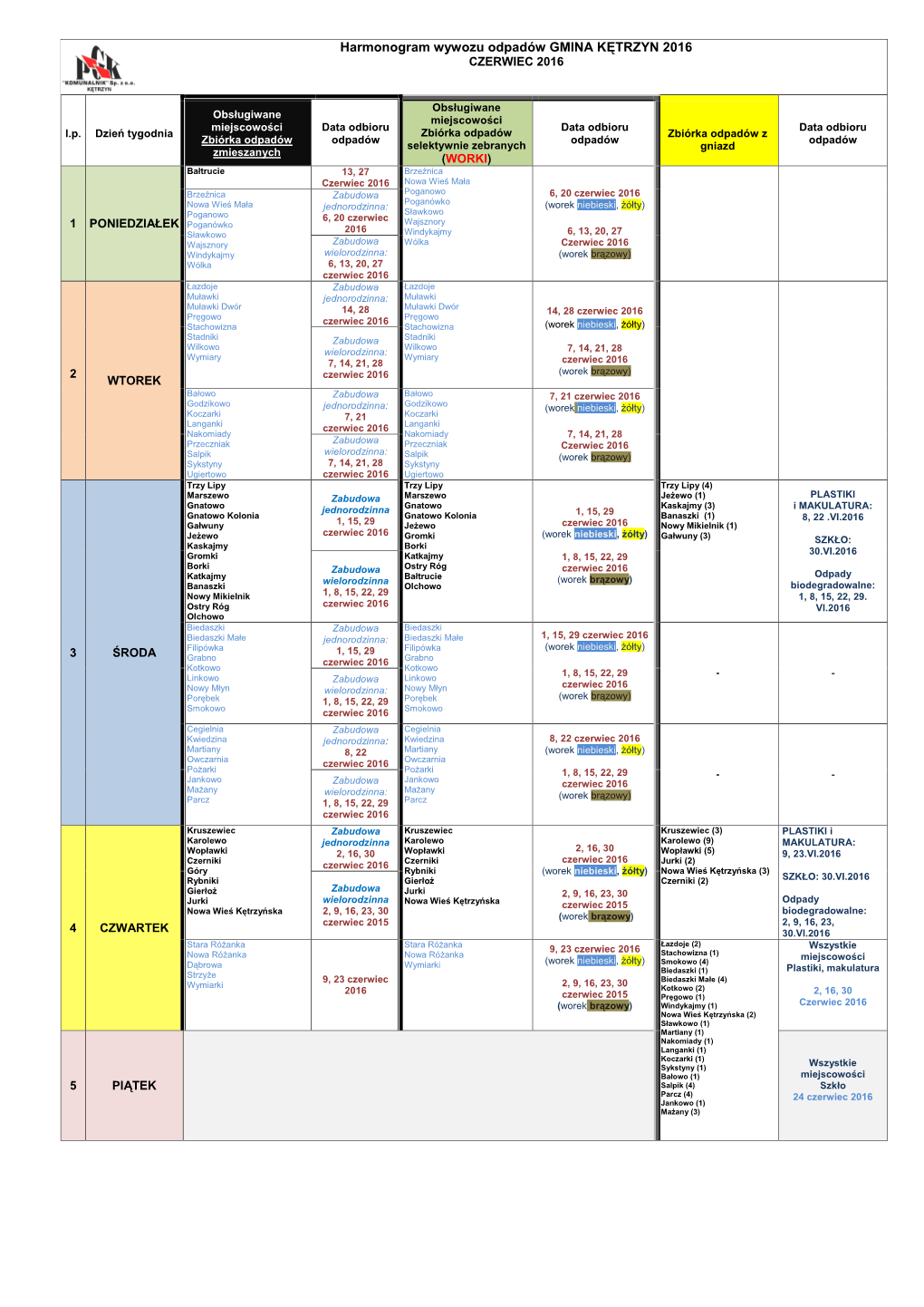 Harmonogram Wywozu Odpadów GMINA KĘTRZYN 2016