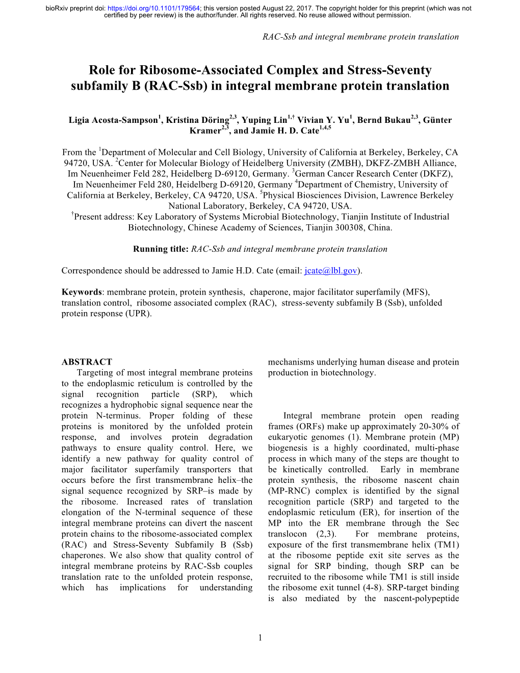 Role for Ribosome-Associated Complex and Stress-Seventy Subfamily B (RAC-Ssb) in Integral Membrane Protein Translation