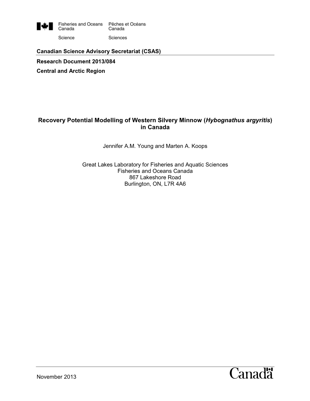 Recovery Potential Modelling of Western Silvery Minnow (Hybognathus Argyritis) in Canada