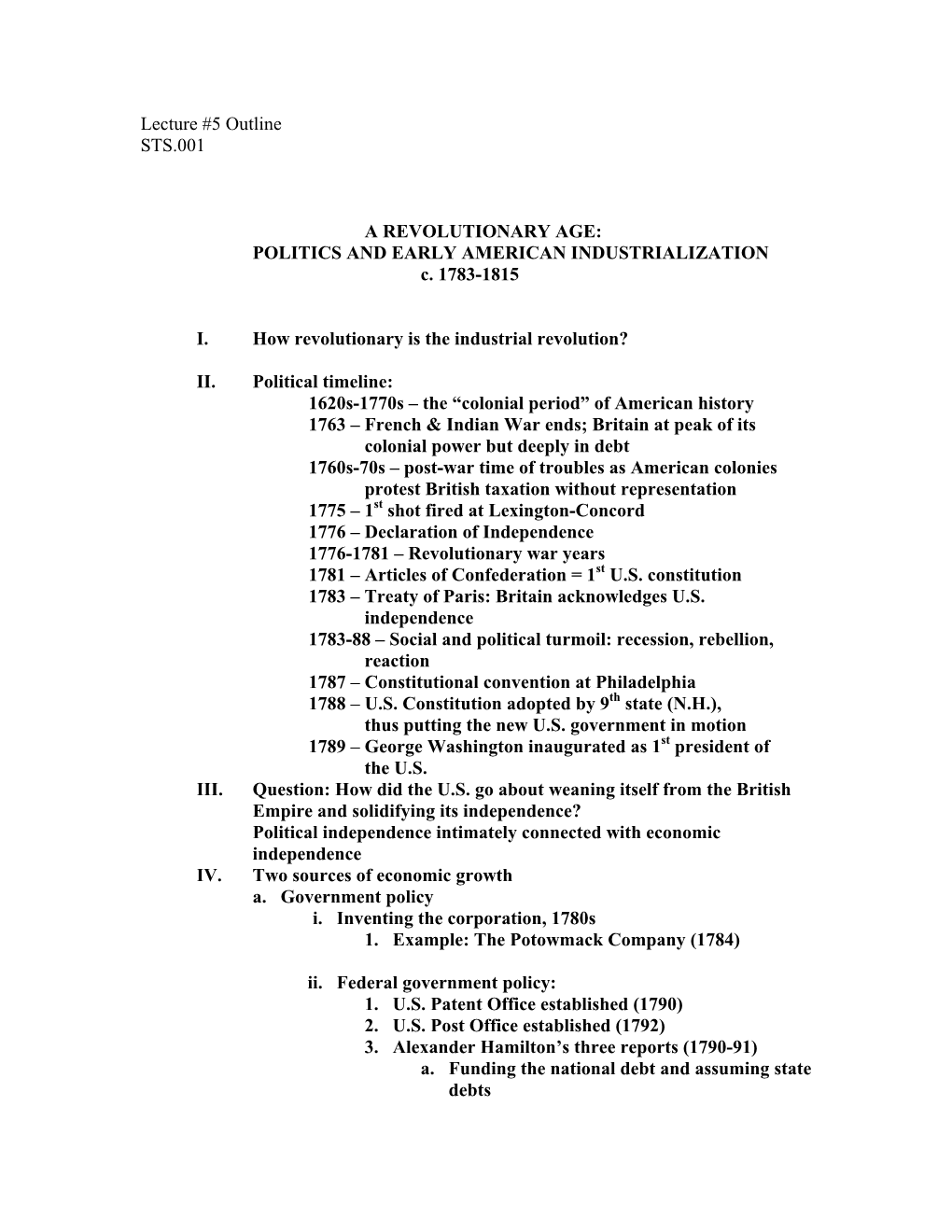 Lecture #5 Outline STS.001