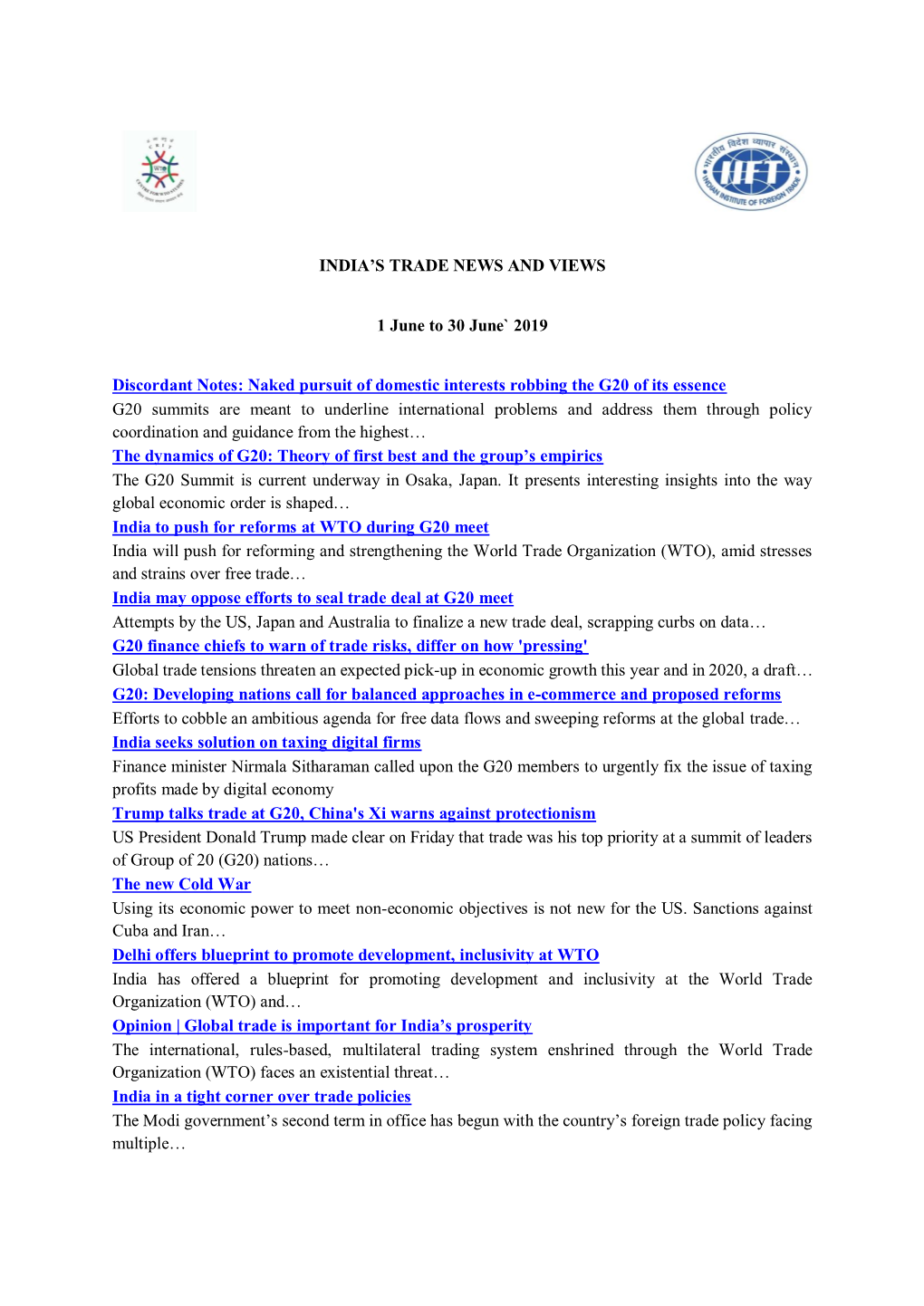 India's Trade News and Views- 1 June to 30 June 2019