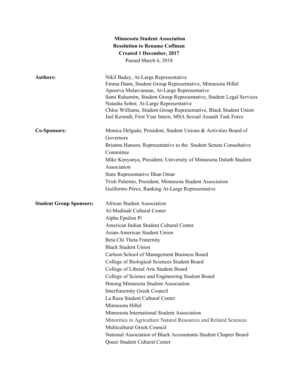 MSA Resolution to Rename Coffman Union