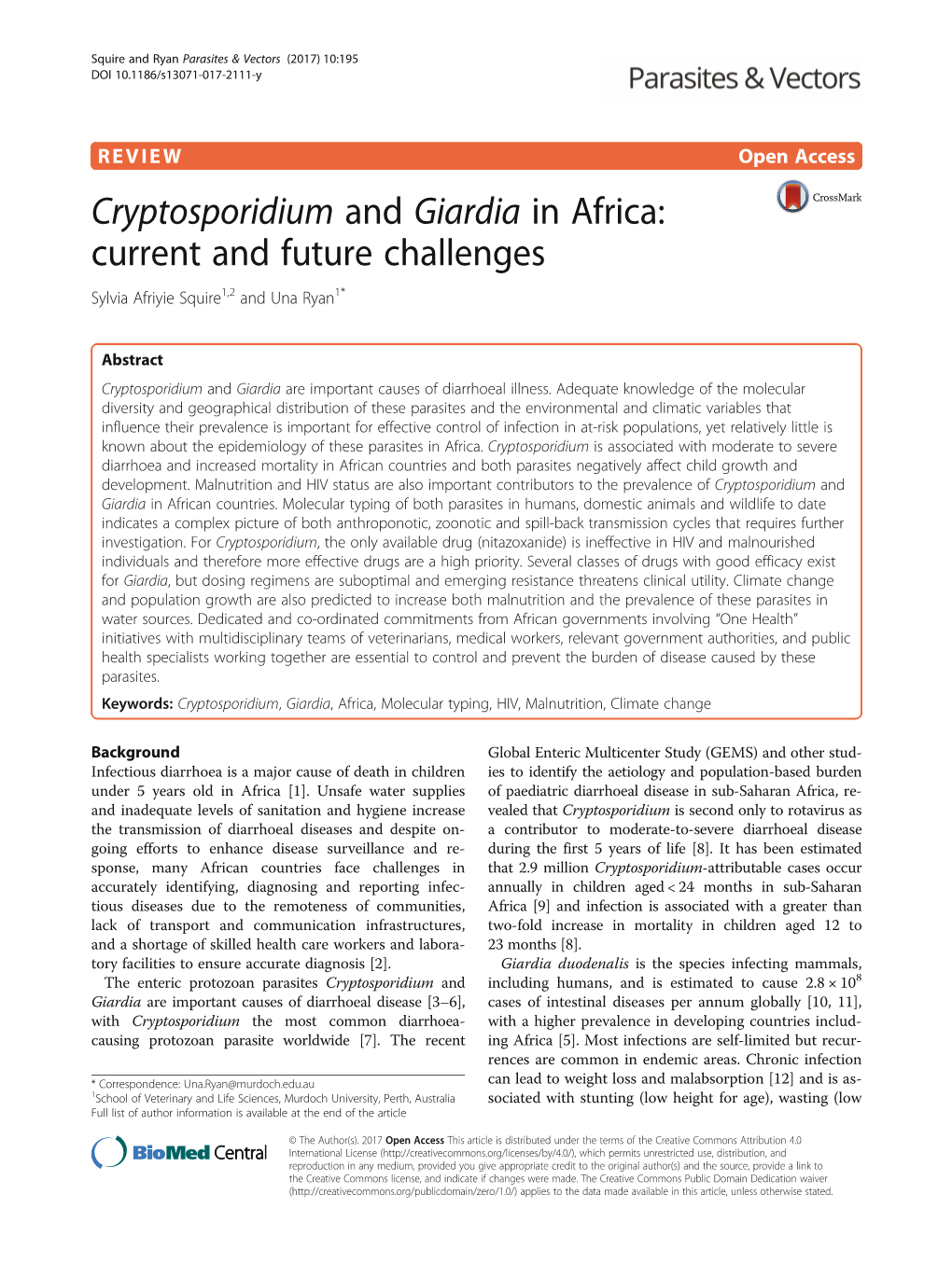 Cryptosporidium and Giardia in Africa: Current and Future Challenges Sylvia Afriyie Squire1,2 and Una Ryan1*