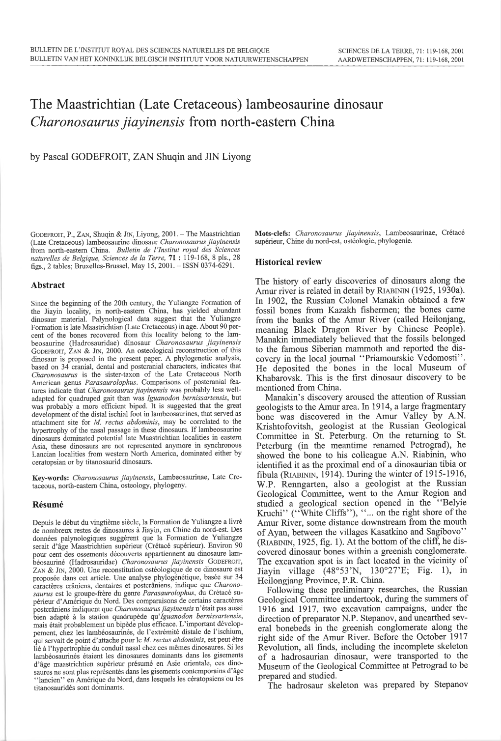 (Late Cretaceous) Lambeosaurine Dinosaur Charonosaurusjiayinensis from North-Eastern China by Pascal GODEFROIT, ZAN Shuqin and JIN Liyong