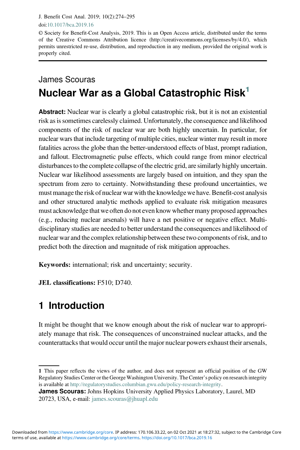 Nuclear War As a Global Catastrophic Risk1