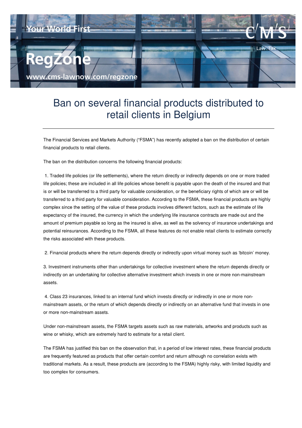 Ban on Several Financial Products Distributed to Retail Clients in Belgium