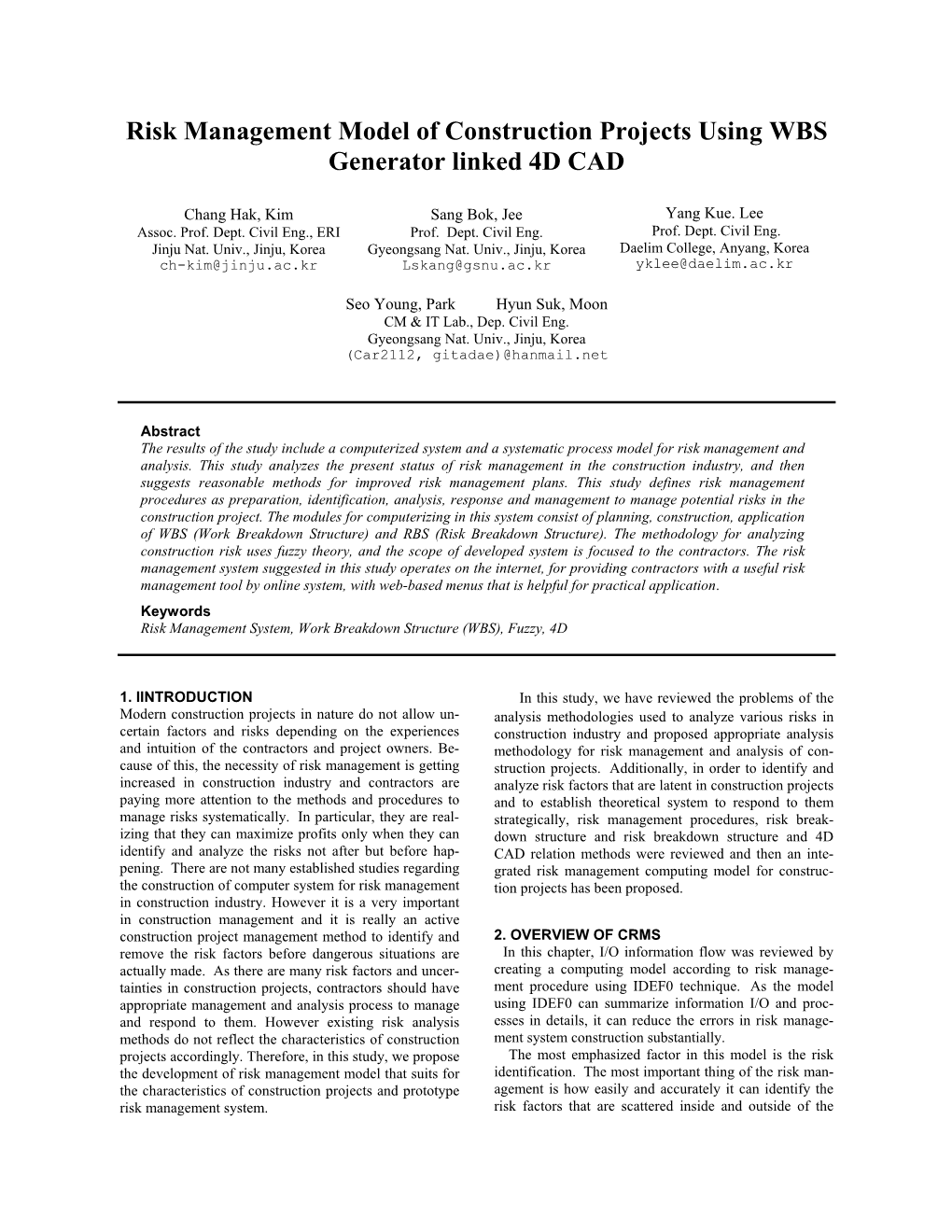 Risk Management Model of Construction Projects Using WBS Generator Linked 4D CAD