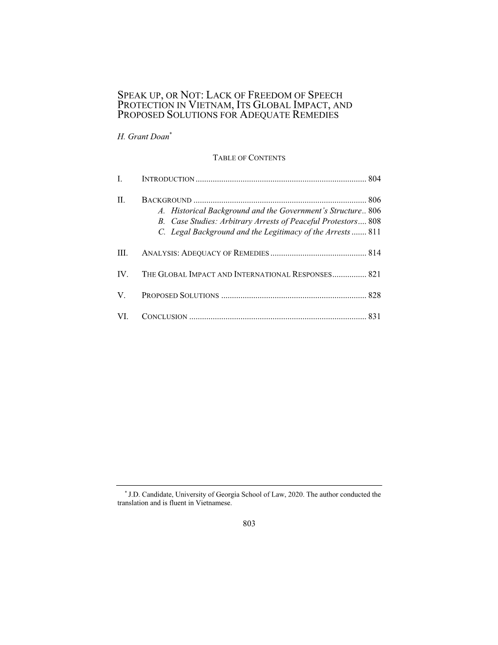 Speak Up, Or Not: Lack of Freedom of Speech Protection in Vietnam, Its Global Impact, and Proposed Solutions for Adequate Remedies