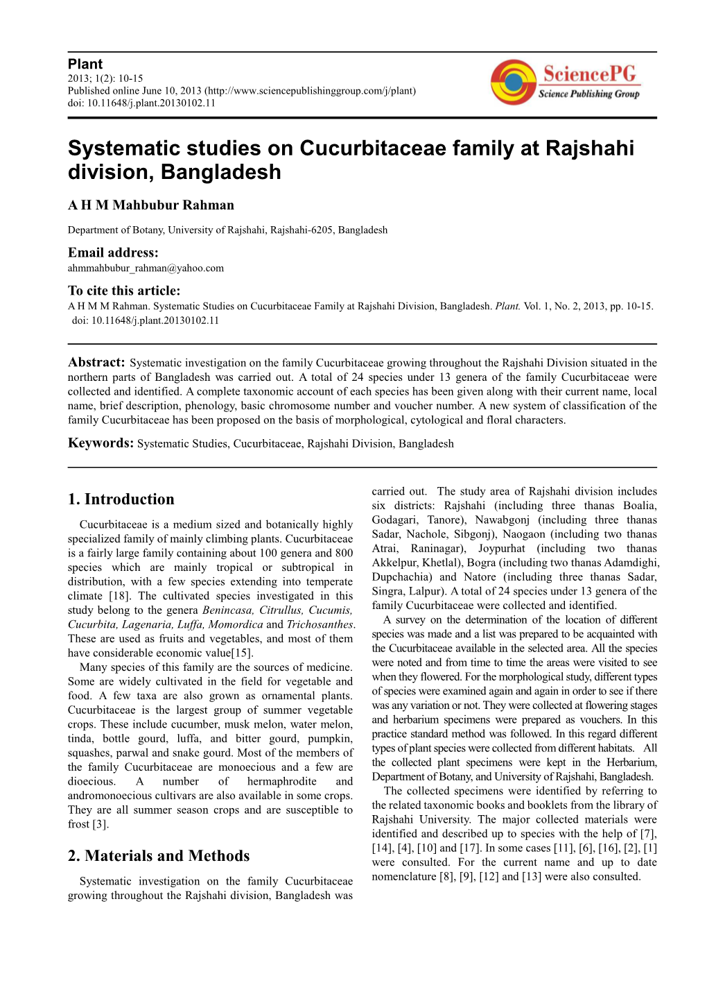 Systematic Studies on Cucurbitaceae Family at Rajshahi Division, Bangladesh