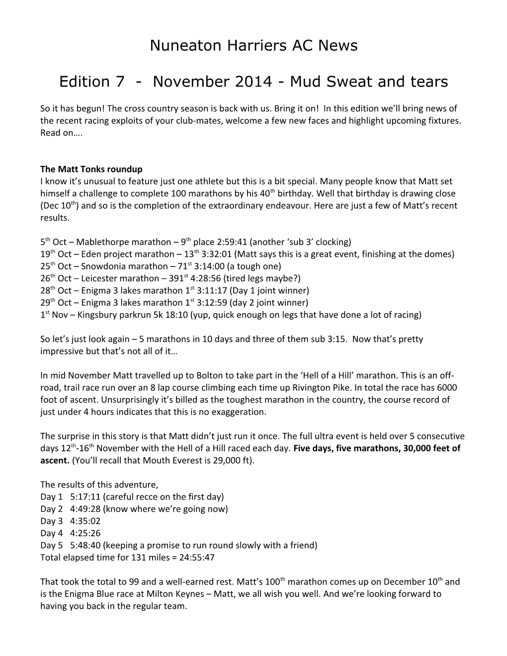 Nuneaton Harriers News January 2014