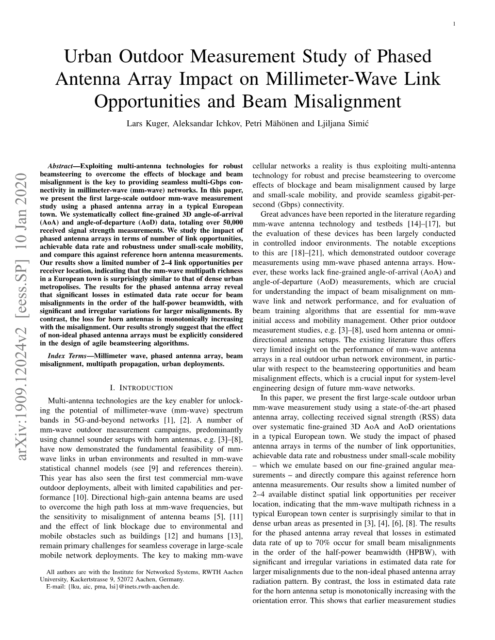 Urban Outdoor Measurement Study of Phased Antenna Array Impact On