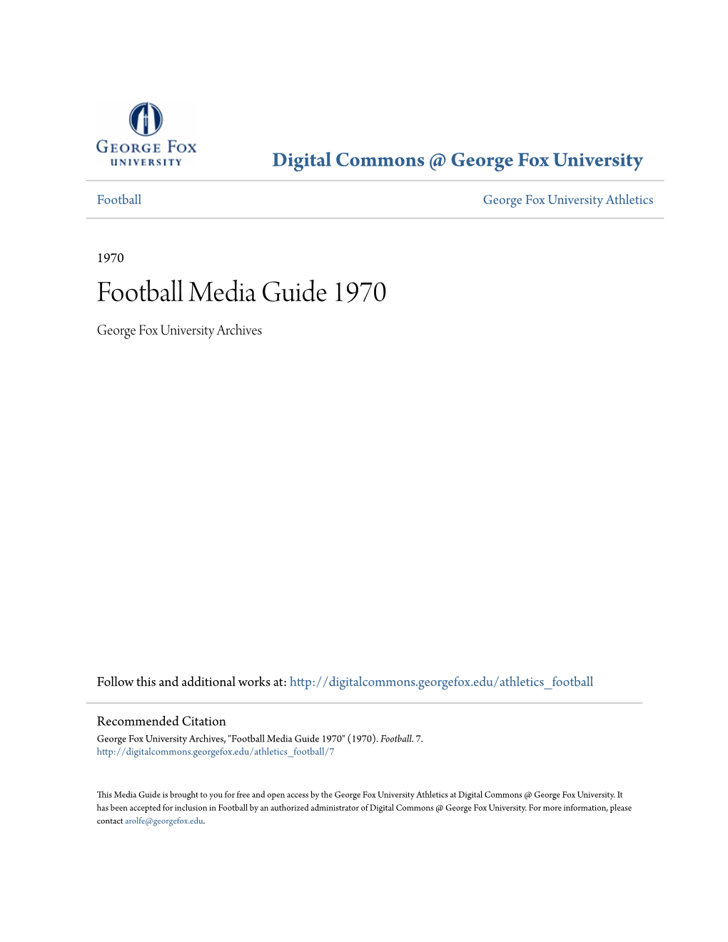 Football Media Guide 1970 George Fox University Archives