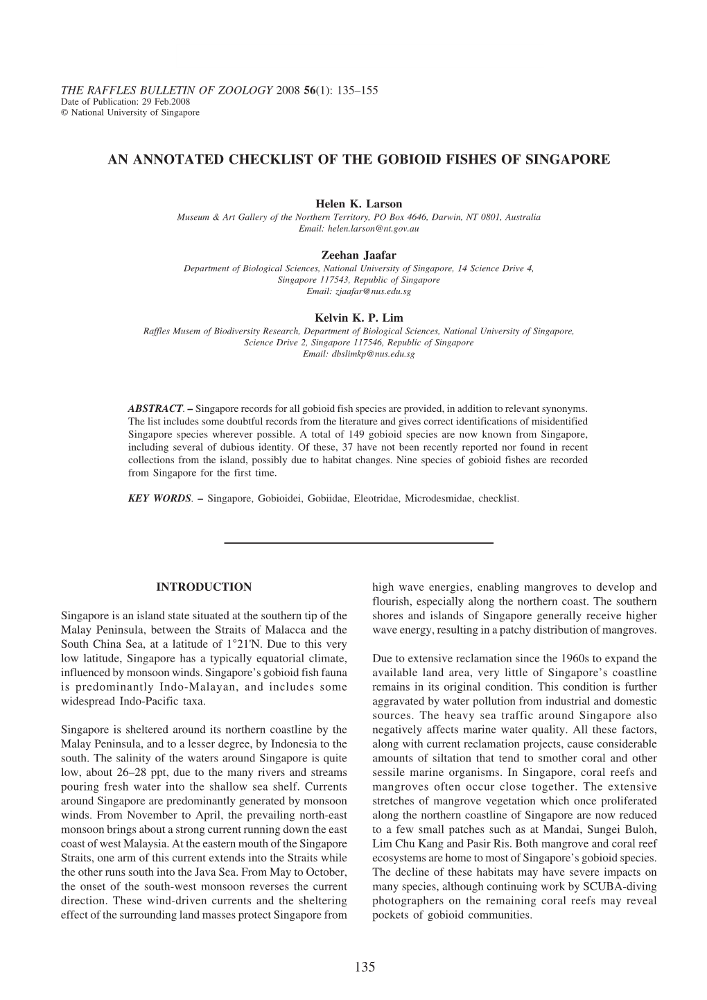 An Annotated Checklist of the Gobioid Fishes of Singapore