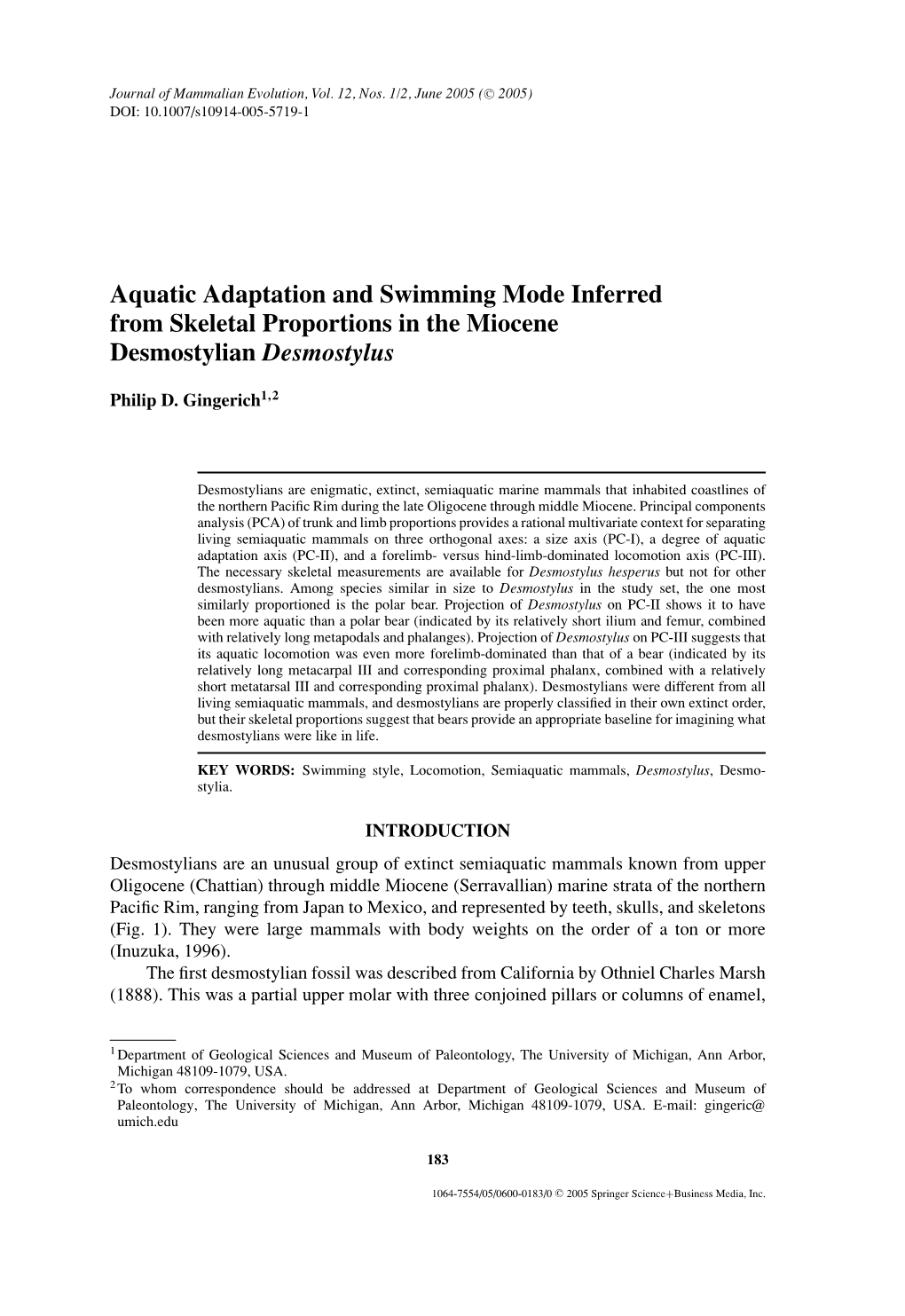 Aquatic Adaptation and Swimming Mode Inferred from Skeletal Proportions in the Miocene Desmostylian Desmostylus