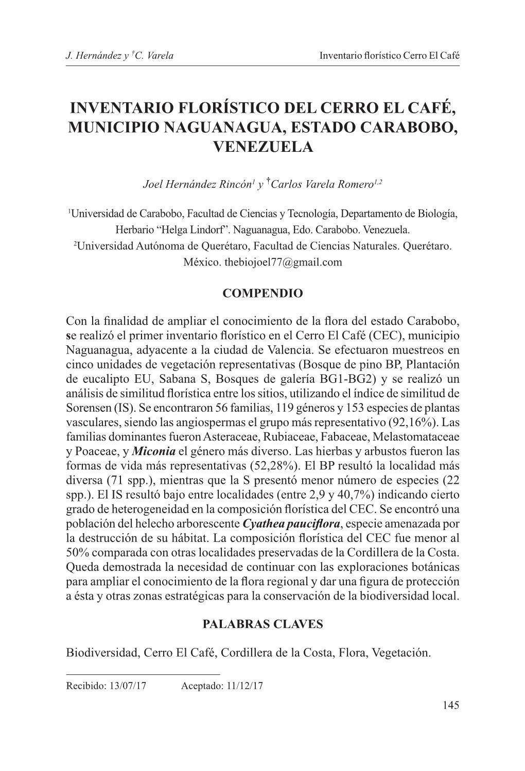 Inventario Florístico Del Cerro El Café, Municipio Naguanagua, Estado Carabobo, Venezuela