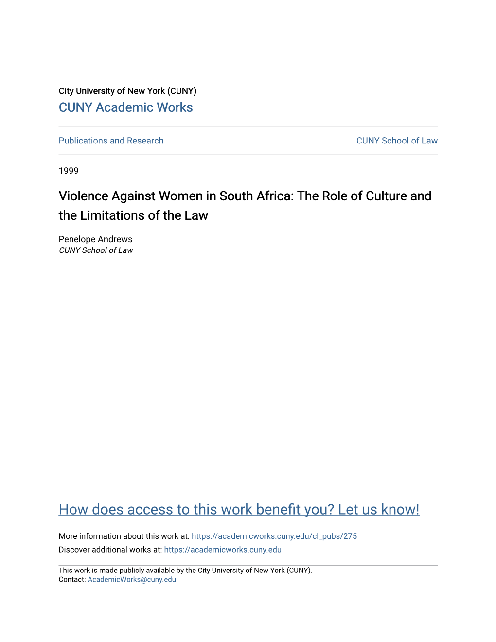 Violence Against Women in South Africa: the Role of Culture and the Limitations of the Law