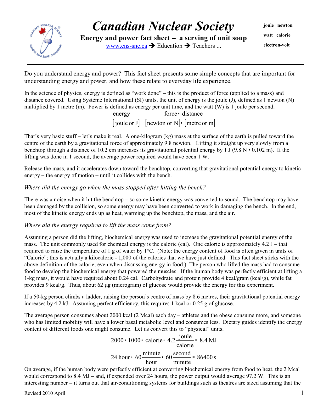 Energy and Power Fact Sheet – a Serving of Unit Soup Watt Calorie  Education  Teachers