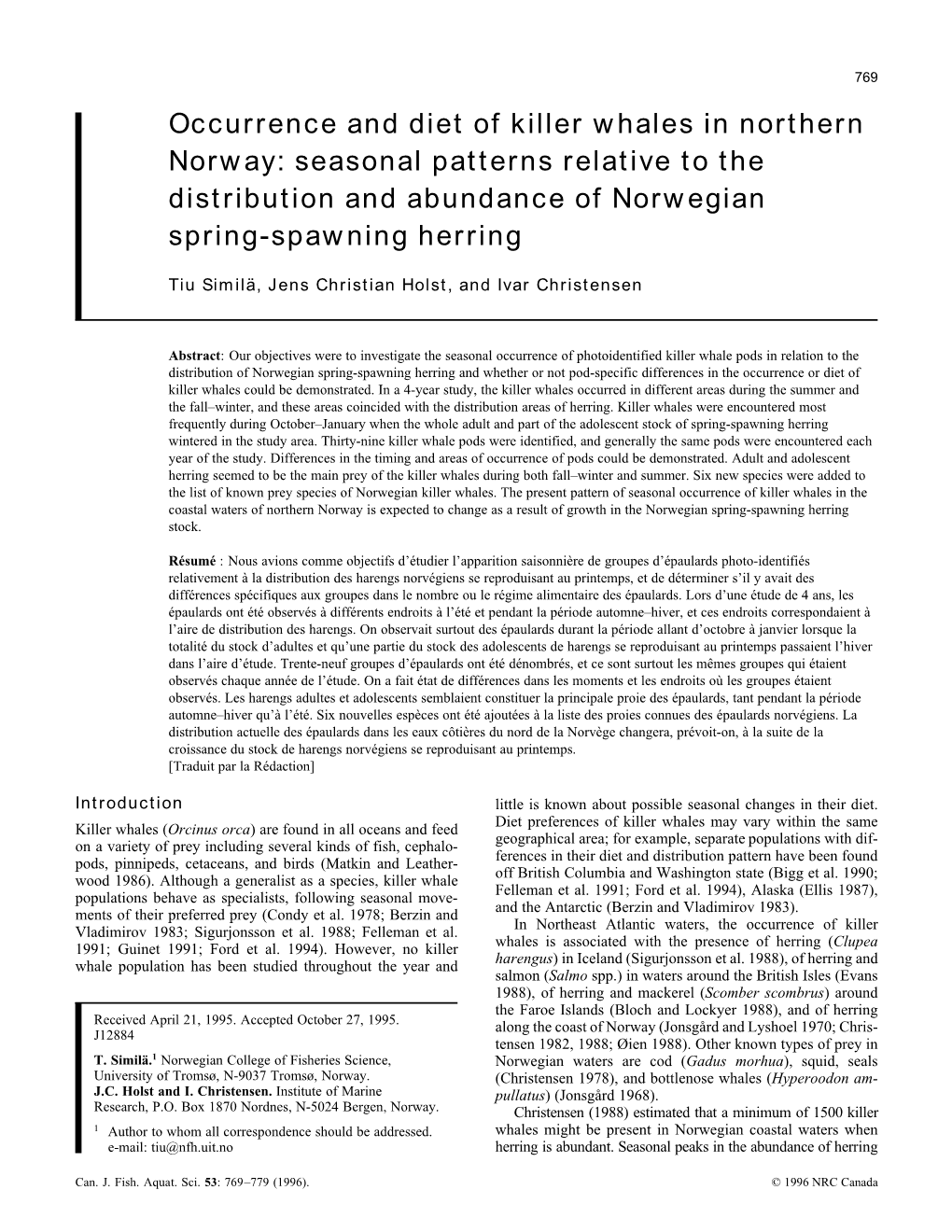 Occurrence and Diet of Killer Whales in Northern Norway: Seasonal Patterns Relative to the Distribution and Abundance of Norwegian Spring-Spawning Herring