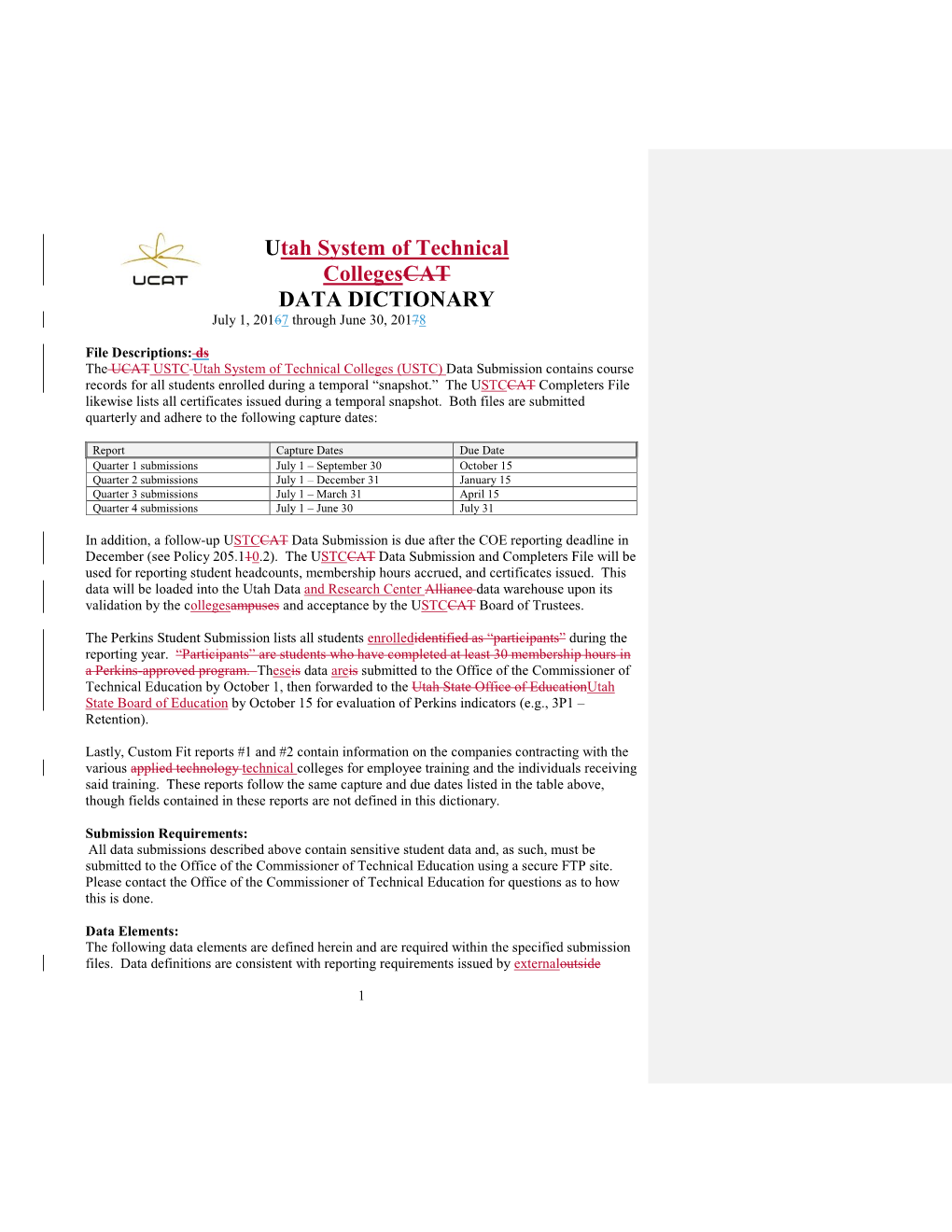 Utah System of Technical Collegescat DATA DICTIONARY July 1, 20167 Through June 30, 20178