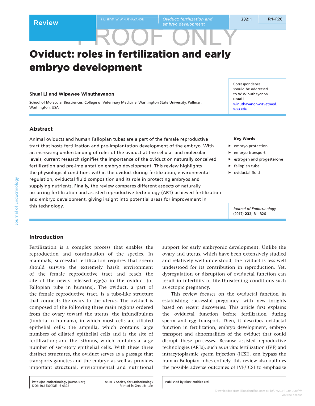 Oviduct: Fertilization and 232:1 R1–R26 Review Embryo Development PROOF ONLY Oviduct: Roles in Fertilization and Early Embryo Development