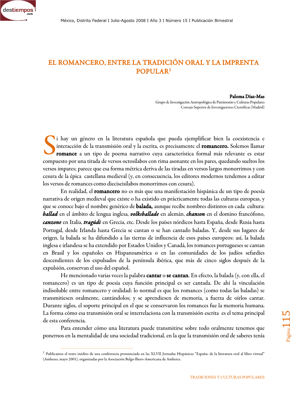 El Romancero, Entre La Tradición Oral Y La Imprenta Popular1