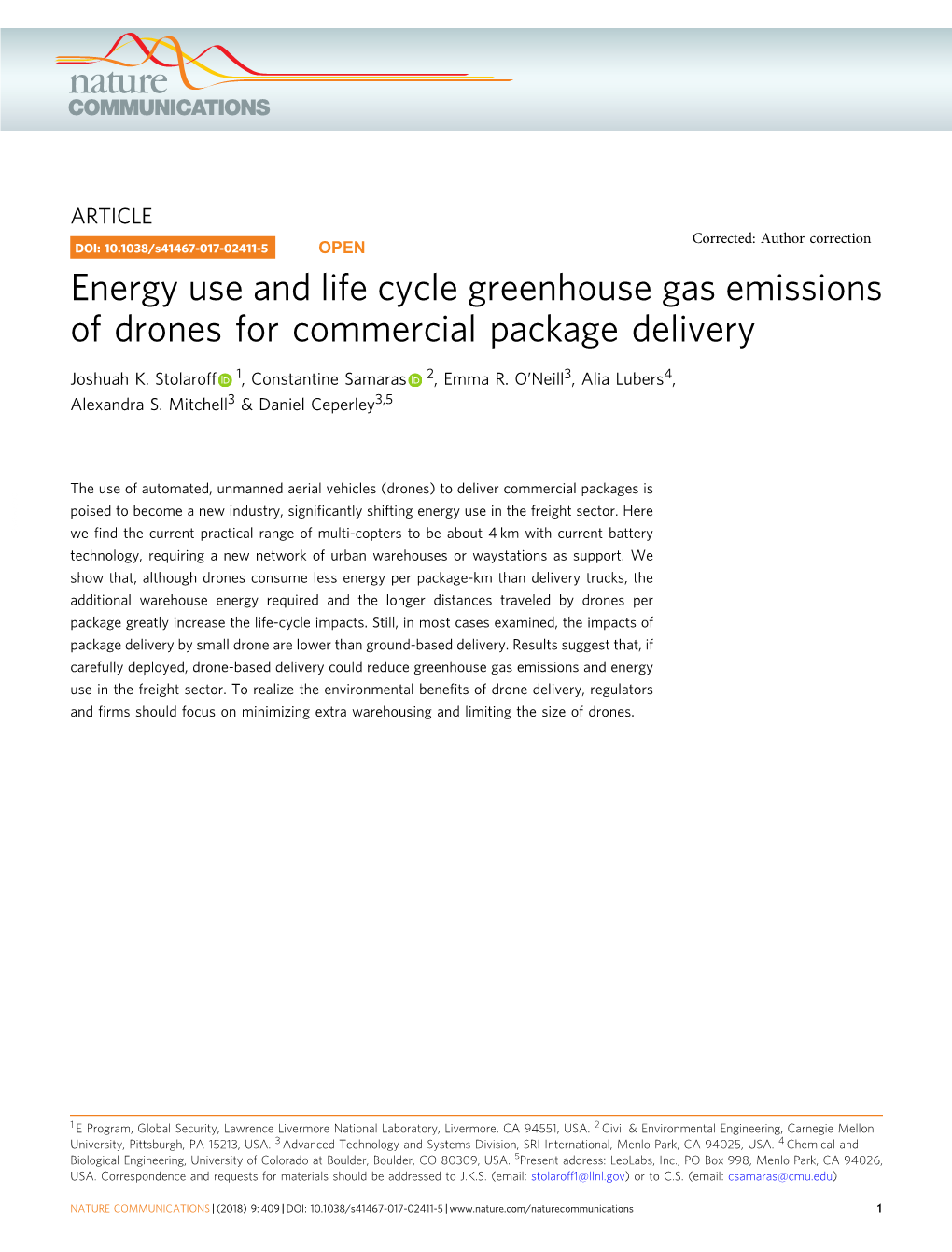 Energy Use and Life Cycle Greenhouse Gas Emissions of Drones for Commercial Package Delivery