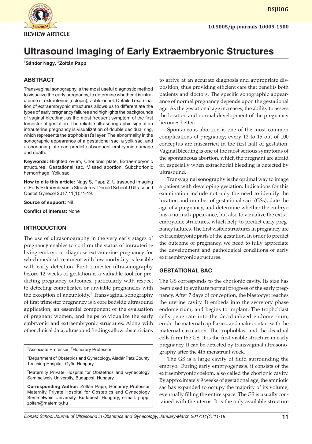 Ultrasound Imaging of Early Extraembryonic Structures 1Sándor Nagy, 2Zoltán Papp