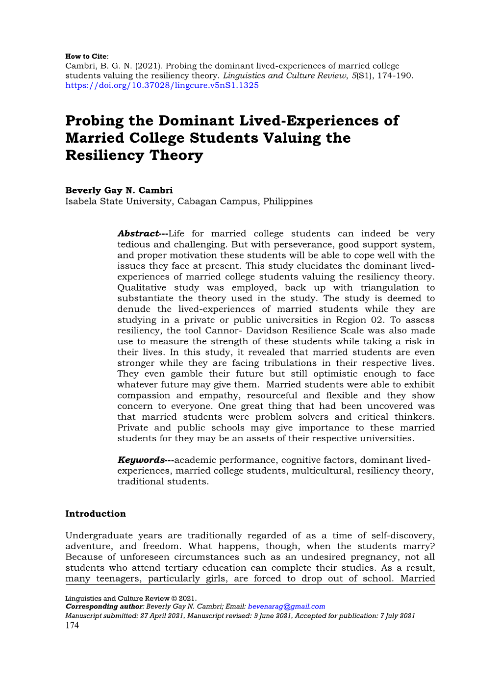 Probing the Dominant Lived-Experiences of Married College Students Valuing the Resiliency Theory