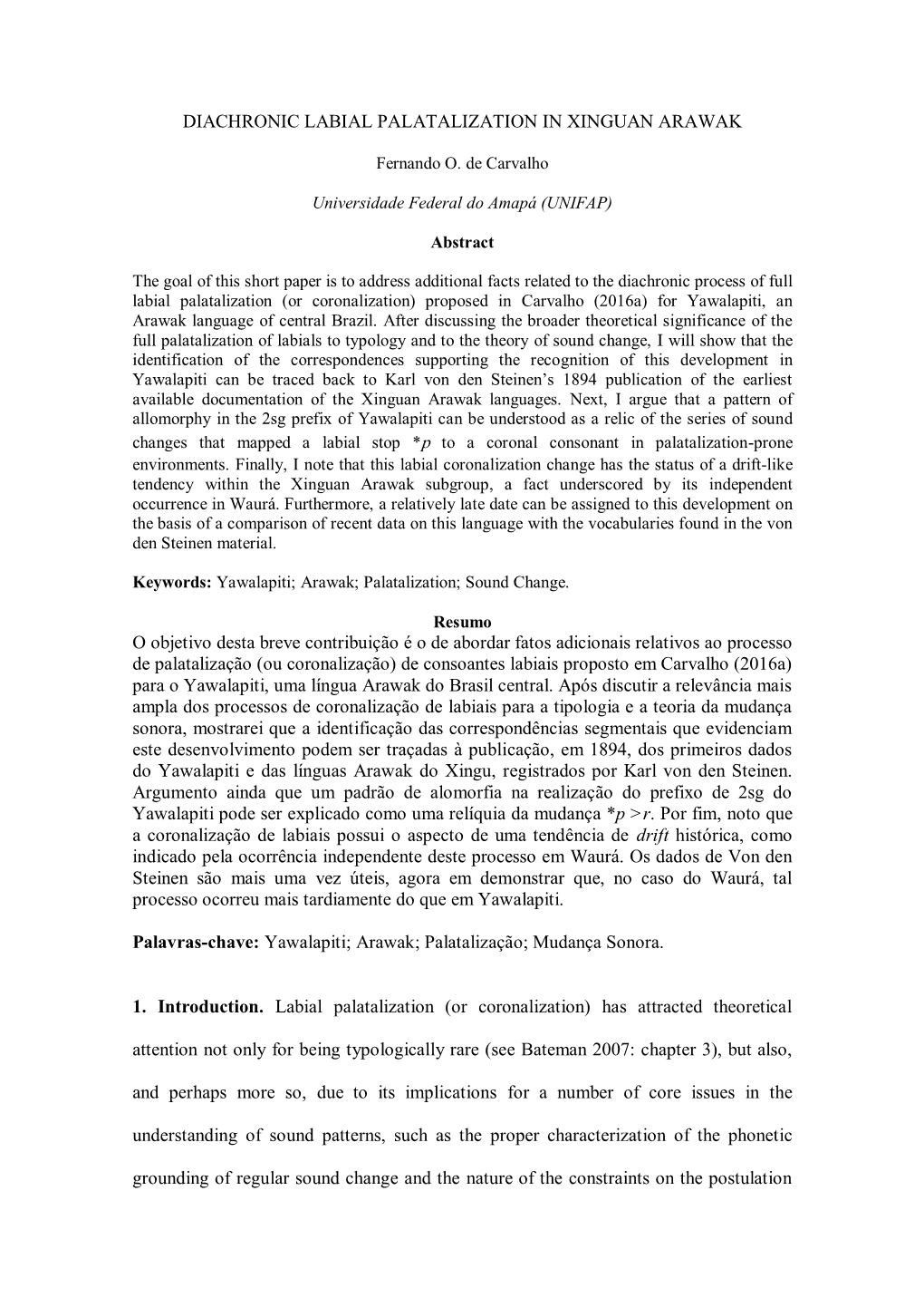 Diachronic Labial Palatalization in Xinguan Arawak