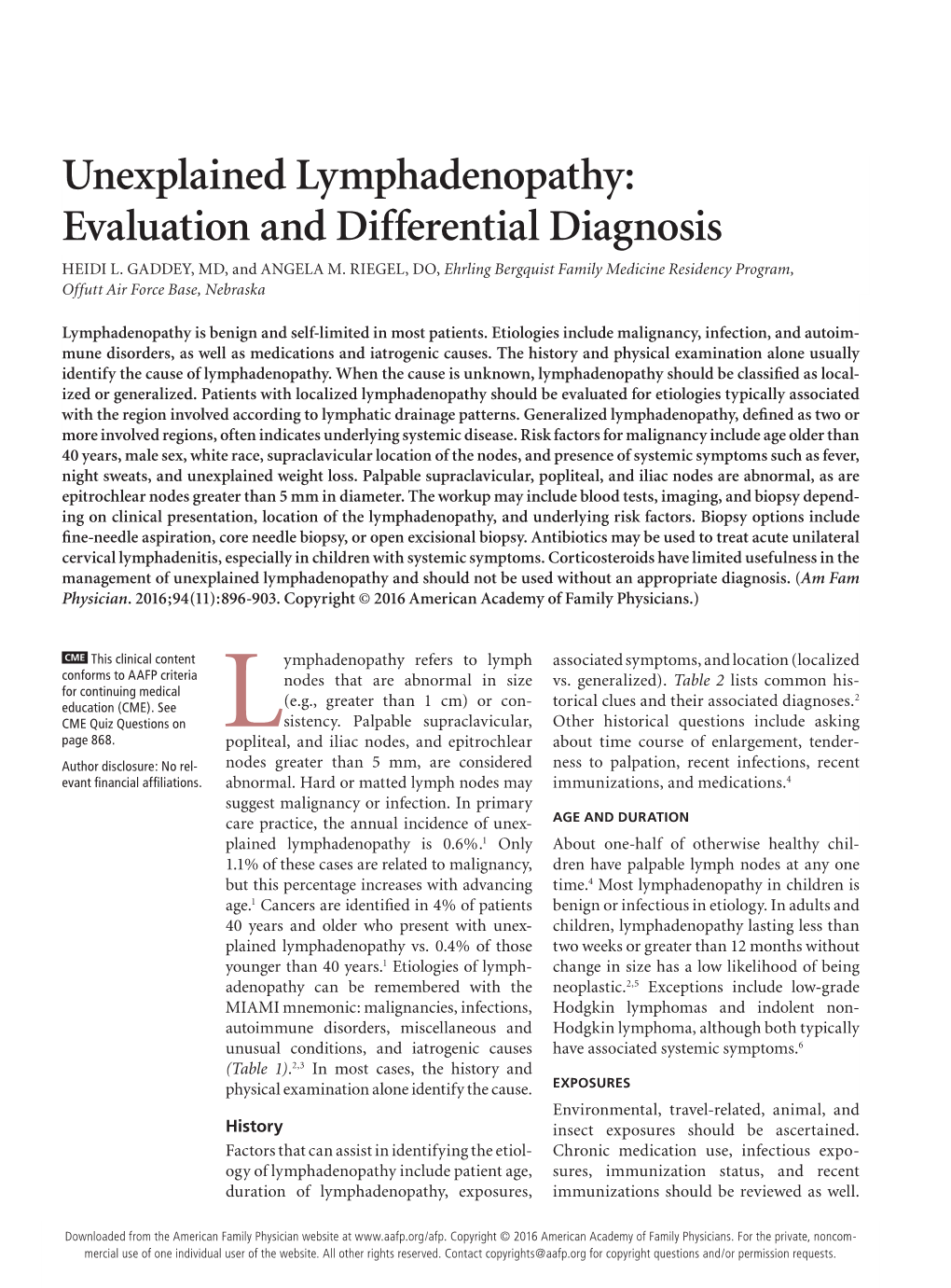 Evaluation of Unexplained Lymphadenopathy