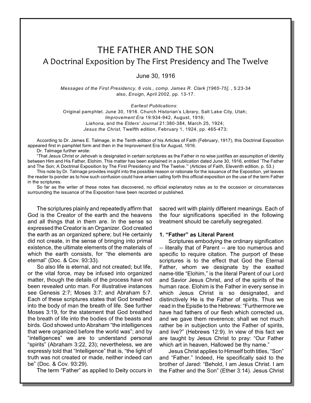 THE FATHER and the SON a Doctrinal Exposition by the First Presidency and the Twelve