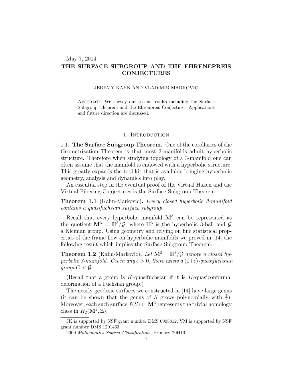 The Surface Subgroup and the Ehrenpreis Conjectures