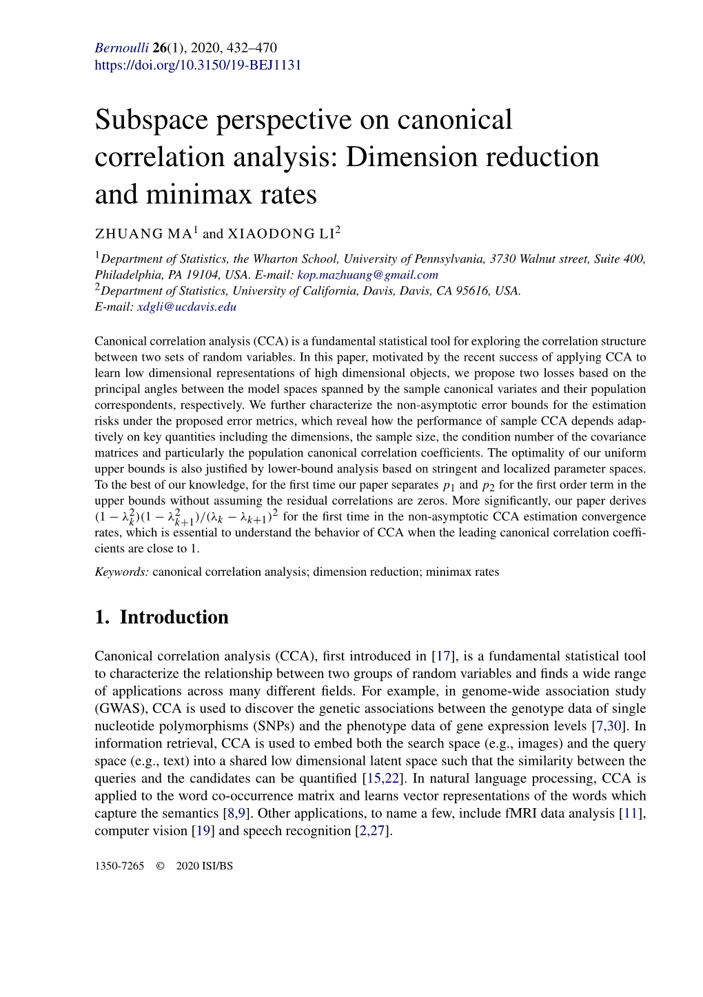 Subspace Perspective on Canonical Correlation Analysis: Dimension Reduction and Minimax Rates