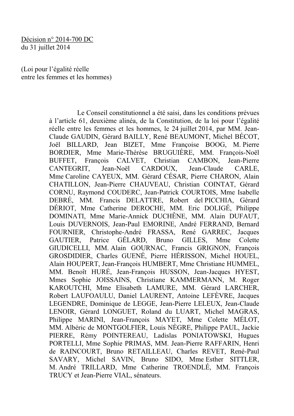 Décision N° 2014-700 DC Du 31 Juillet 2014