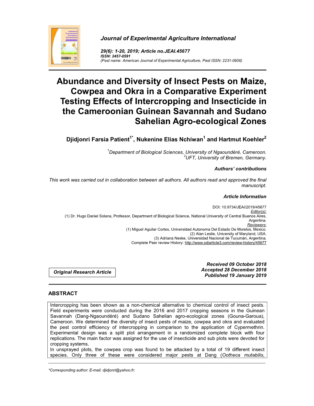 Abundance and Diversity of Insect Pests on Maize, Cowpea and Okra