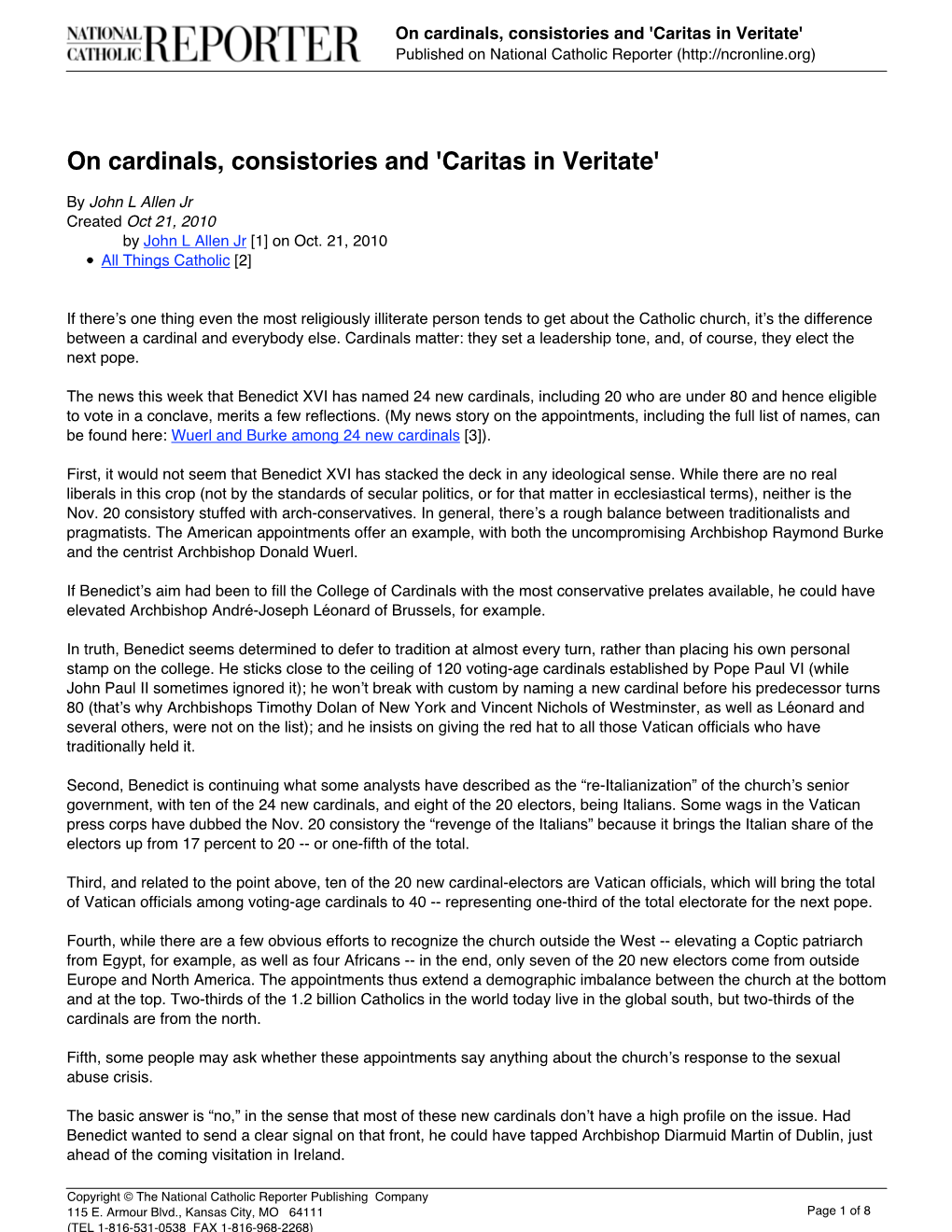 On Cardinals, Consistories and 'Caritas in Veritate' Published on National Catholic Reporter (