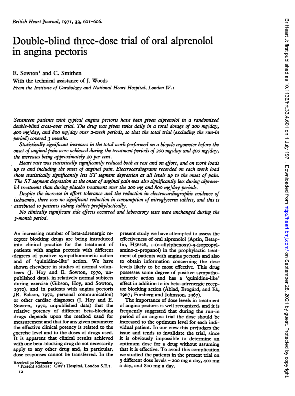 Double-Blind Three-Dose Trial of Oral Alprenolol in Angina Pectoris