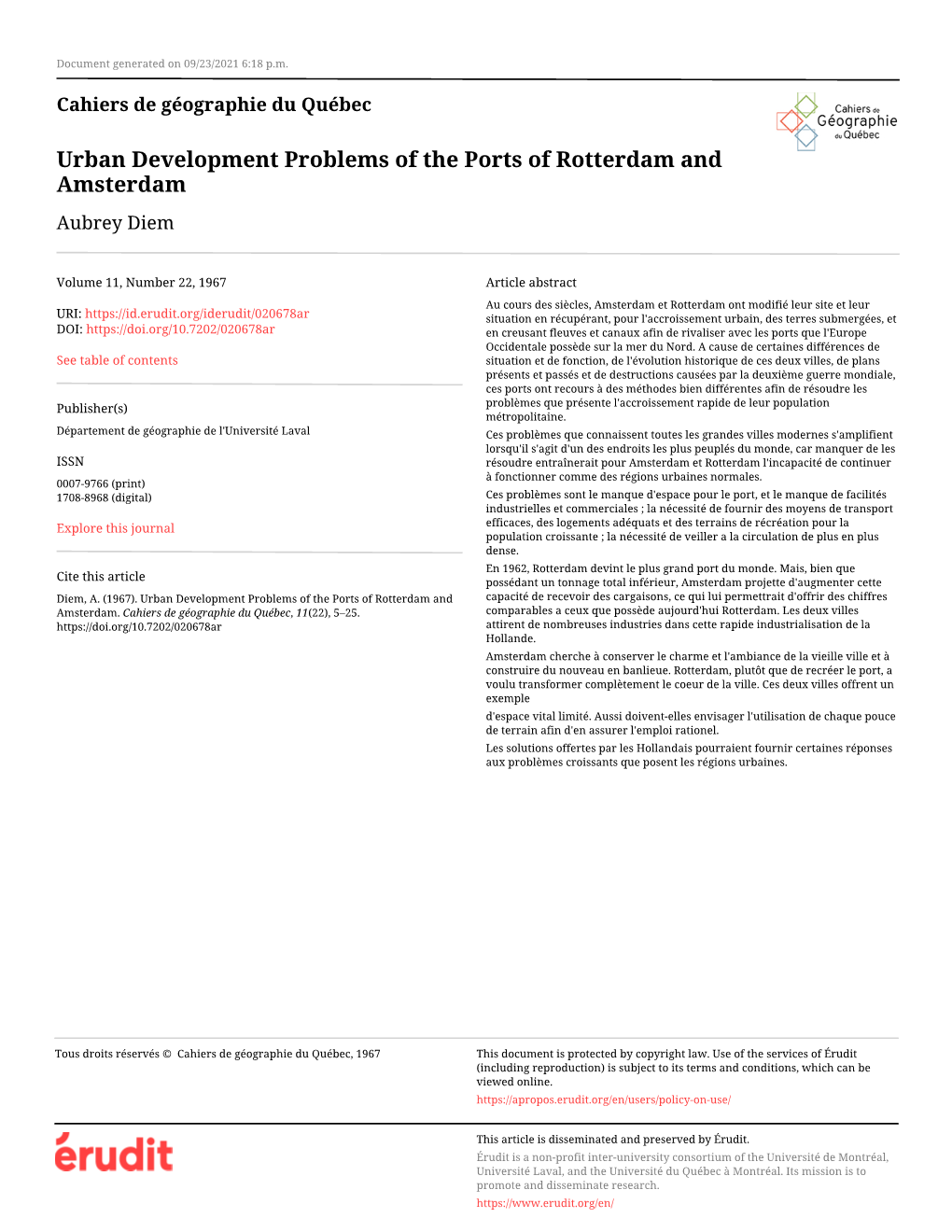 Urban Development Problems of the Ports of Rotterdam and Amsterdam Aubrey Diem