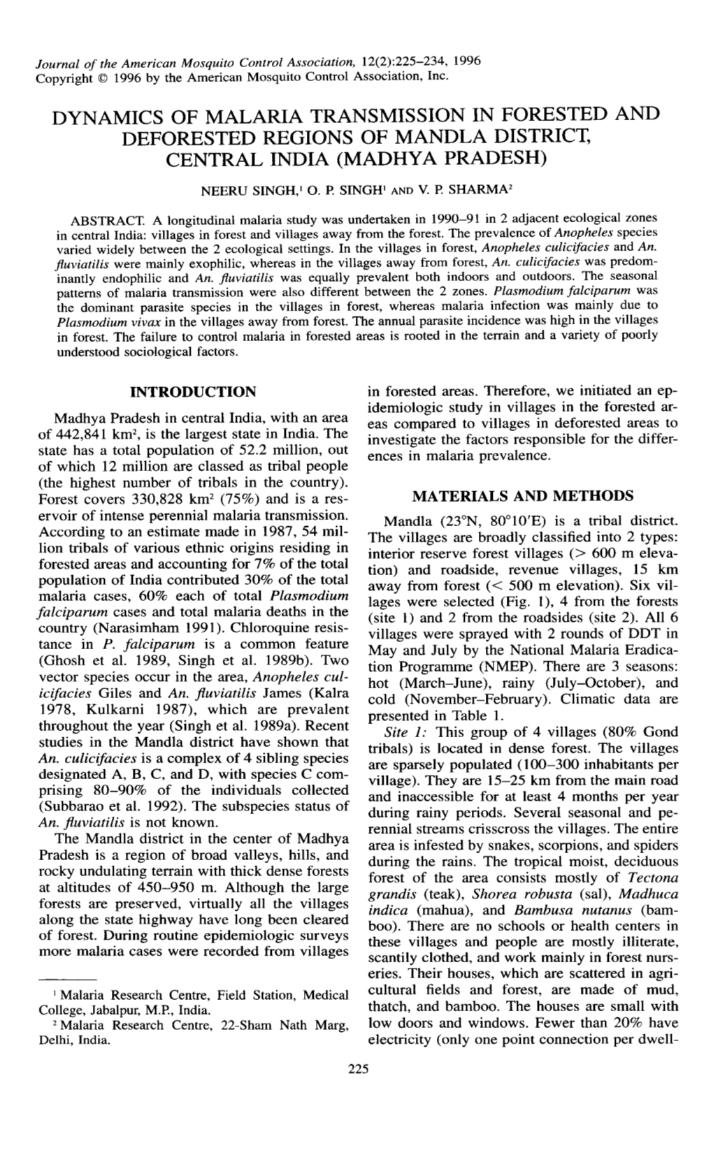 Dynamics of Malaria Transmission in Forested and Deforested Regions of Mandla District, Central India (Madhya Pradesh)