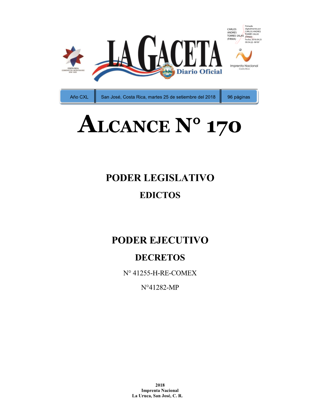 ALCANCE N° 170 a LA GACETA N° 176 De La Fecha 25 09 2018