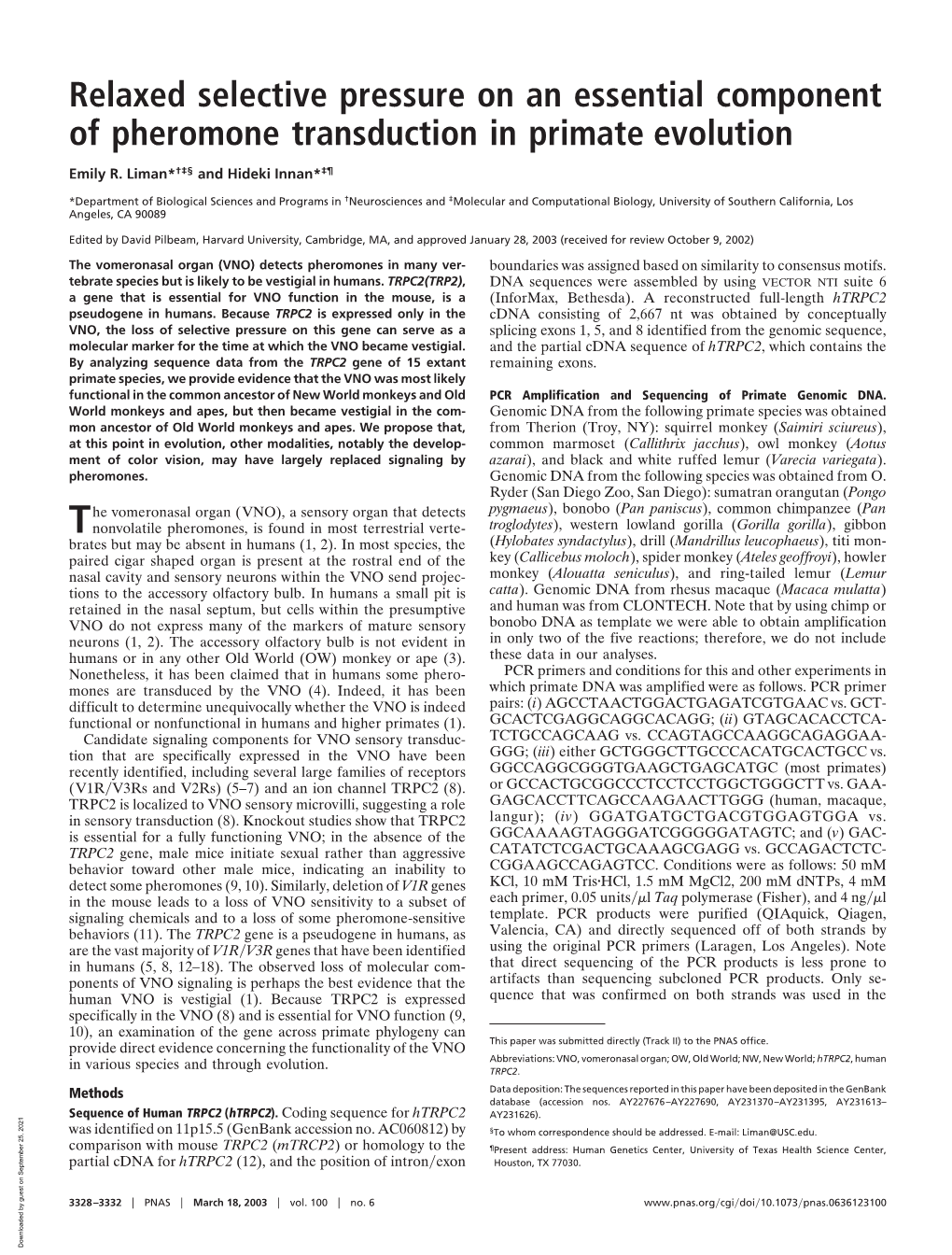 Relaxed Selective Pressure on an Essential Component of Pheromone Transduction in Primate Evolution