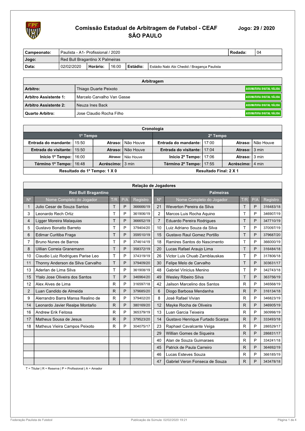 Comissão Estadual De Arbitragem De Futebol - CEAF Jogo: 29 / 2020 SÃO PAULO