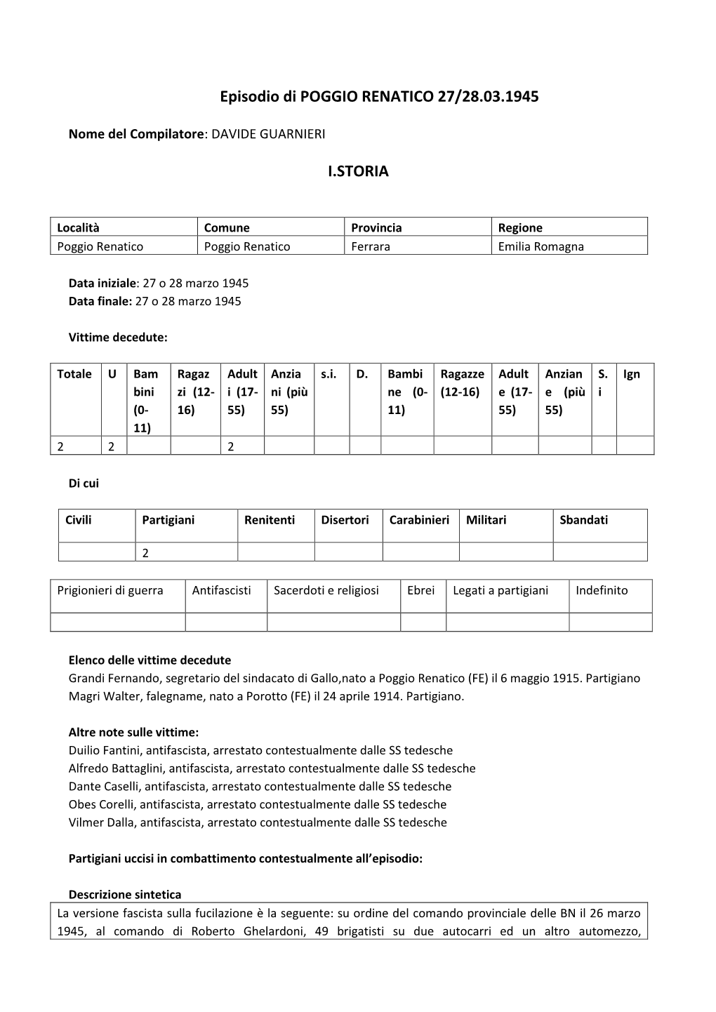 Episodio Di POGGIO RENATICO 27/28.03.1945 I.STORIA