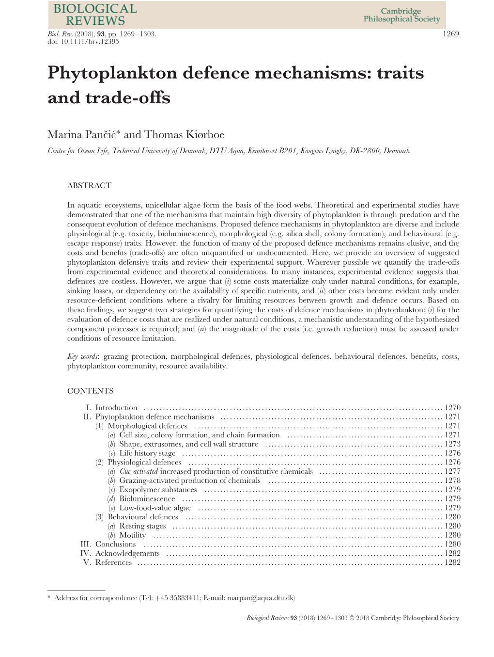 Phytoplankton Defence Mechanisms: Traits and Trade‐Offs