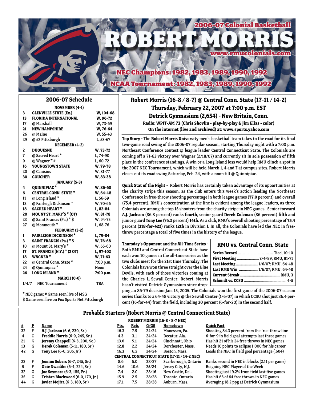 2006-07 Schedule RMU Vs. Central Conn