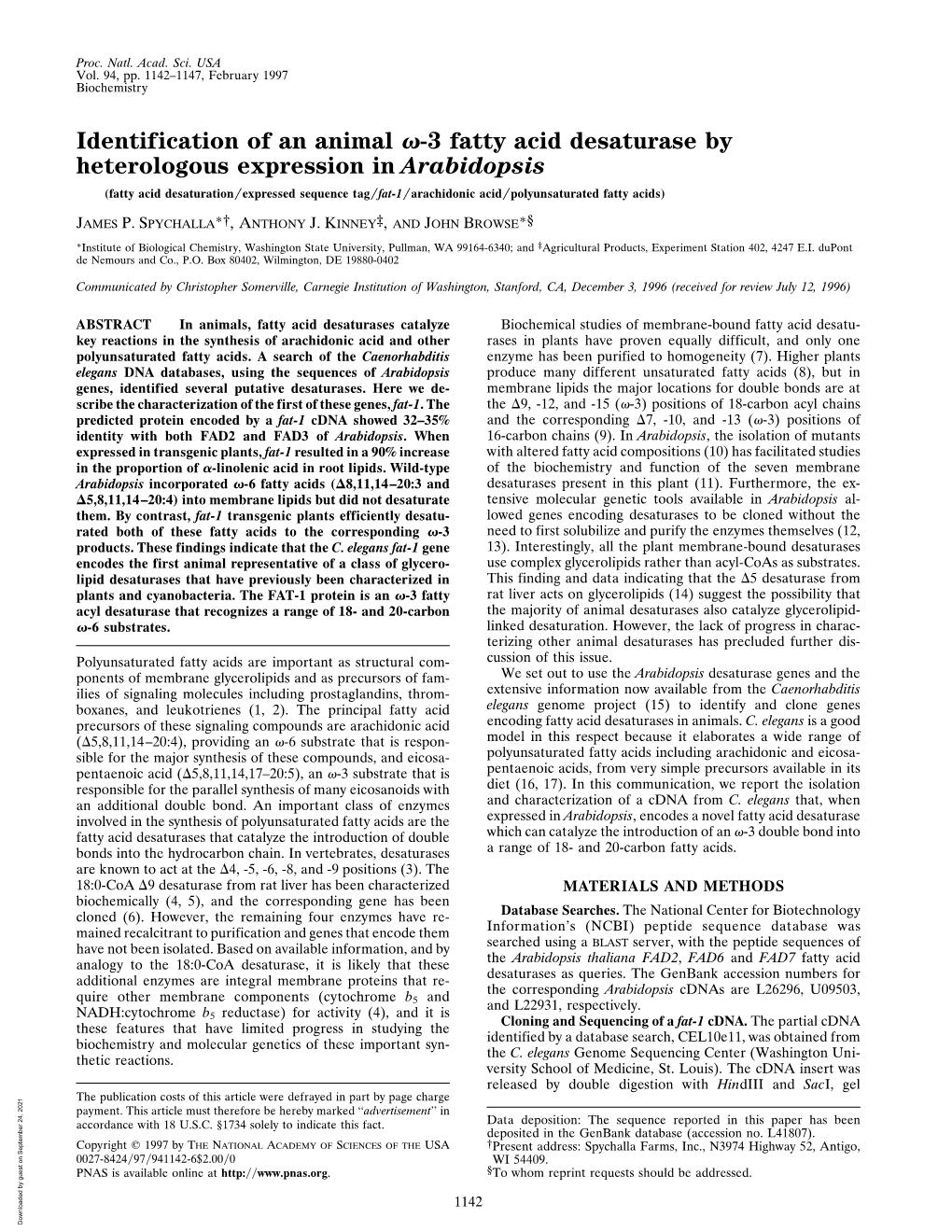 Identification of an Animal -3 Fatty Acid Desaturase by Heterologous Expression in Arabidopsis