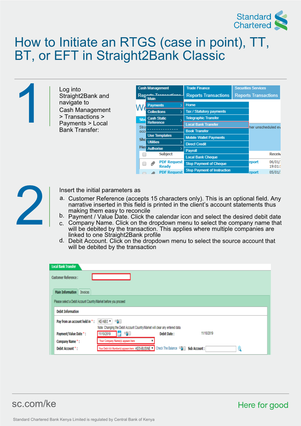 How to Initiate an RTGS (Case in Point), TT, BT, Or EFT in Straight2bank Classic