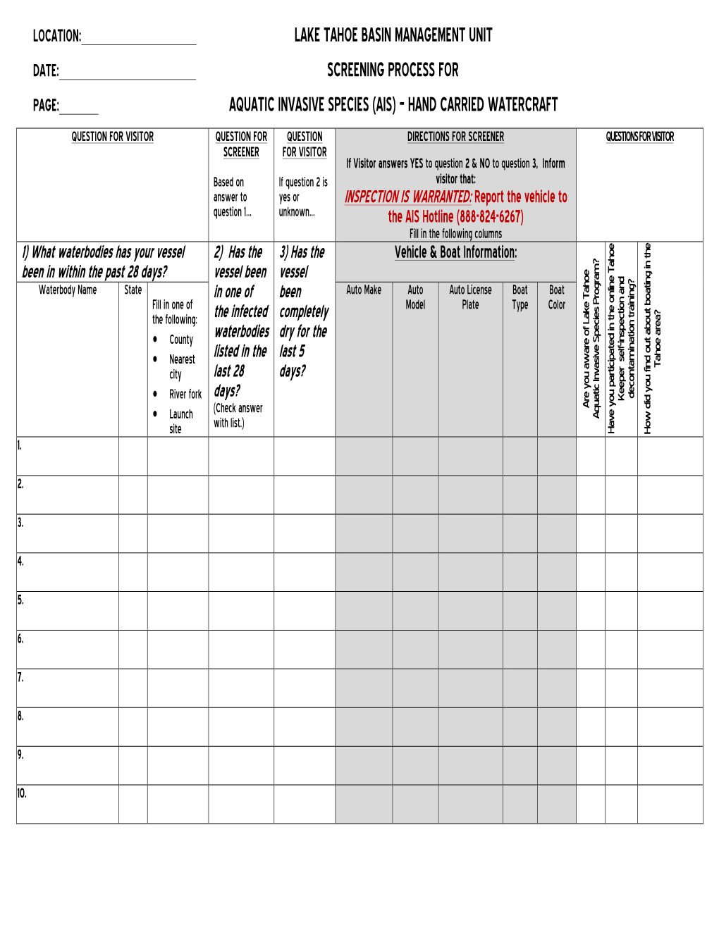 Lake Tahoe Basin Management Unit Date: Screening Process for Page: Aquatic Invasive Species (Ais) – Hand Carried Watercraft