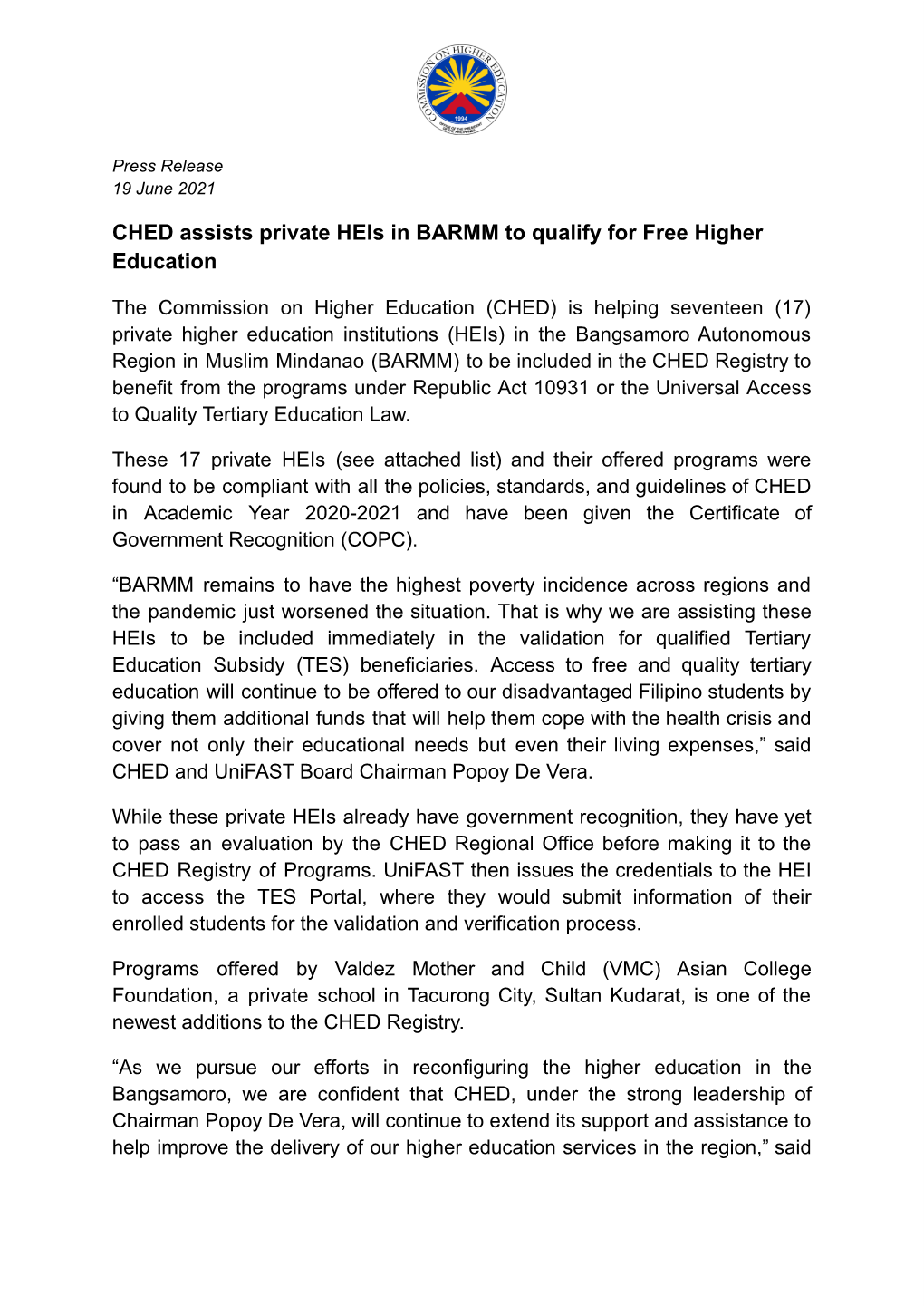 CHED Assists Private Heis in BARMM to Qualify for Free Higher Education