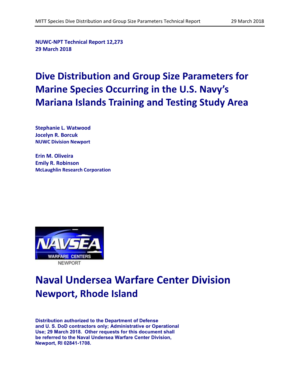 Dive Distribution and Group Size Parameters for Marine Species Occurring in the U.S